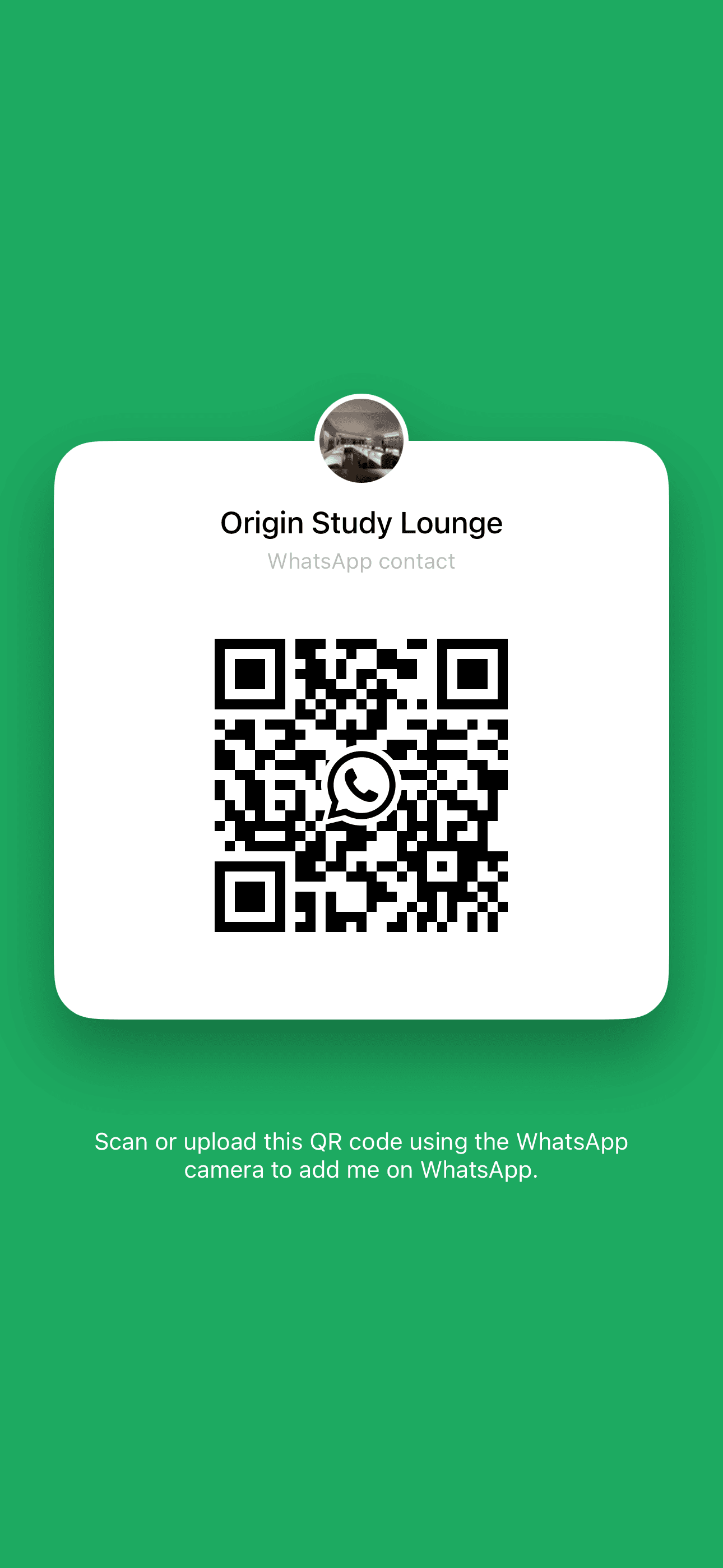 WhatsApp contact QR code for Origin Study Lounge